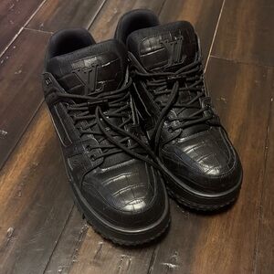Louis Vuitton Men's Black Croc-Embossed Low-Top Sneakers with LV Logo